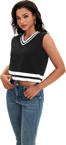 Womens Cropped Sweater Vest Summer V Neck Color Block Sleeveless Crop Tank Tops Loose Fit Knit Shirts 2025 in Saudi Arabia