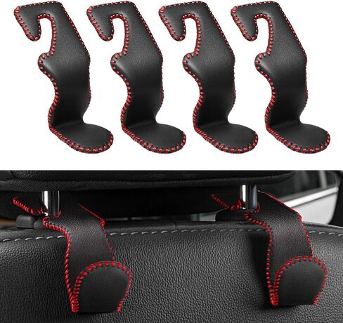 4 Pack Superior Leather Car Seat Headrest Hooks with 44 Pounds Load Capacity, Hangers Storage Organizer Universal Car Interior Accessories for Handbags Water Bottles Umbrellas, Black & Red in Saudi Arabia