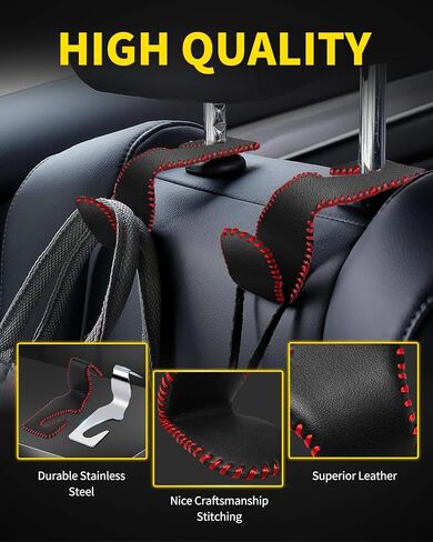 4 Pack Superior Leather Car Seat Headrest Hooks with 44 Pounds Load Capacity, Hangers Storage Organizer Universal Car Interior Accessories for Handbags Water Bottles Umbrellas, Black & Red in Saudi Arabia