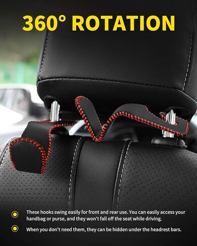4 Pack Superior Leather Car Seat Headrest Hooks with 44 Pounds Load Capacity, Hangers Storage Organizer Universal Car Interior Accessories for Handbags Water Bottles Umbrellas, Black & Red in Saudi Arabia