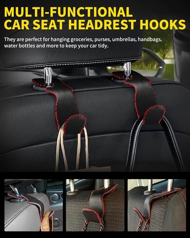4 Pack Superior Leather Car Seat Headrest Hooks with 44 Pounds Load Capacity, Hangers Storage Organizer Universal Car Interior Accessories for Handbags Water Bottles Umbrellas, Black & Red in Saudi Arabia