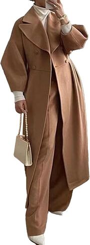 SOMTHRON Women's Casual Trench Coat Double Breasted Notched Lapel Long Lantern Sleeve Jacket Overcoat Pea Coat in Saudi Arabia
