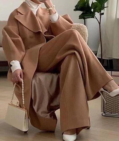 SOMTHRON Women's Casual Trench Coat Double Breasted Notched Lapel Long Lantern Sleeve Jacket Overcoat Pea Coat in Saudi Arabia