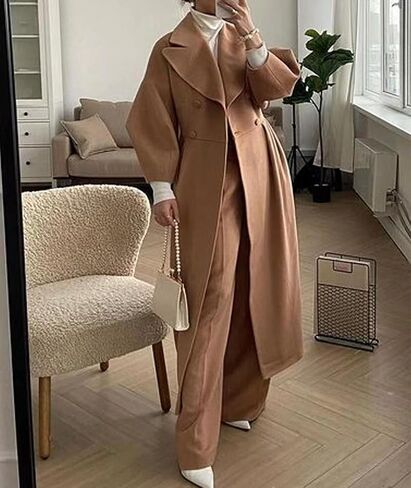 SOMTHRON Women's Casual Trench Coat Double Breasted Notched Lapel Long Lantern Sleeve Jacket Overcoat Pea Coat in Saudi Arabia