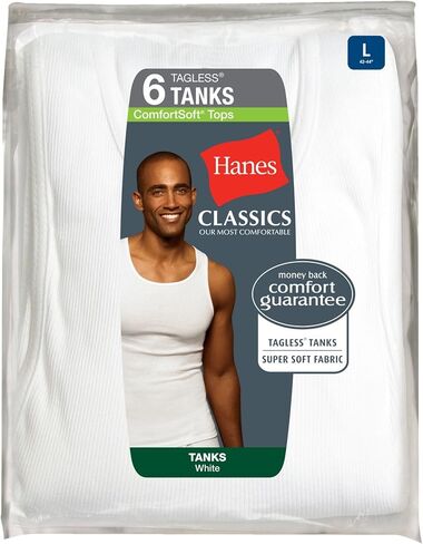 مجموعة قمصان داخلية قطنية بدون أكمام للرجال من Hanes، قمصان داخلية مضلعة ماصة للرطوبة، قمصان داخلية قطنية خفيفة الوزن، 6 قطع in Saudi Arabia