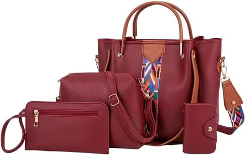 Women's 4-Piece Handbag Set with Colorful Strap, PU Leather Tote, Crossbody, Wallet and Clutch in Saudi Arabia