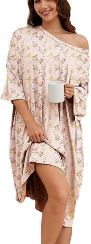 Chunoy Women Oversized Nightgown Short Sleeve Sleepwear Dress with Pockets in Kuwait