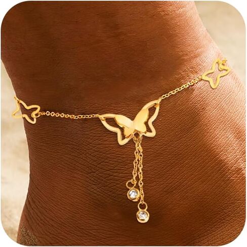 Gold Anklets Ankle Bracelets for Women Waterproof 18K Gold Plated Beads Link Bow Shell Starfish Pearl Butterfly Pendant Women Beach Jewelry Gift Adjustable Size in Saudi Arabia