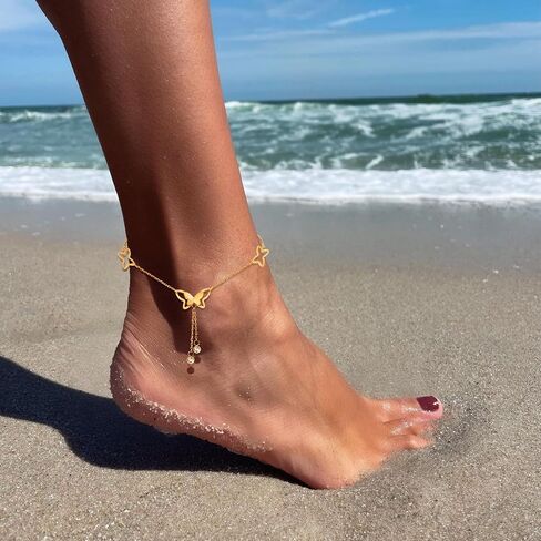 Gold Anklets Ankle Bracelets for Women Waterproof 18K Gold Plated Beads Link Bow Shell Starfish Pearl Butterfly Pendant Women Beach Jewelry Gift Adjustable Size in Saudi Arabia