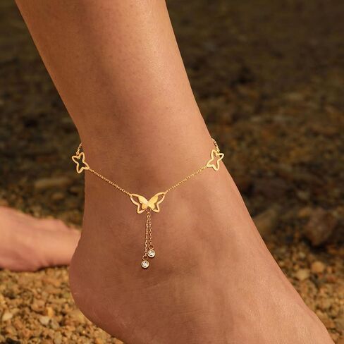 Gold Anklets Ankle Bracelets for Women Waterproof 18K Gold Plated Beads Link Bow Shell Starfish Pearl Butterfly Pendant Women Beach Jewelry Gift Adjustable Size in Saudi Arabia