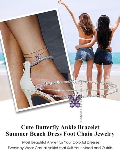 Bestyle Butterfly Anklets for Women Hypoallergenic Sterling Silver Ankle Chain Waterproof, Adjustable Plus Size Anklets for Women Big Ankles 8.66'+2" in Saudi Arabia