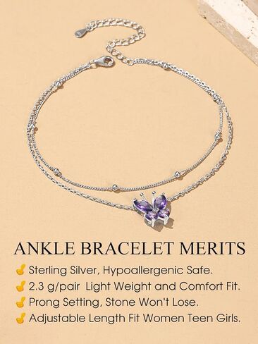 Bestyle Butterfly Anklets for Women Hypoallergenic Sterling Silver Ankle Chain Waterproof, Adjustable Plus Size Anklets for Women Big Ankles 8.66'+2" in Saudi Arabia