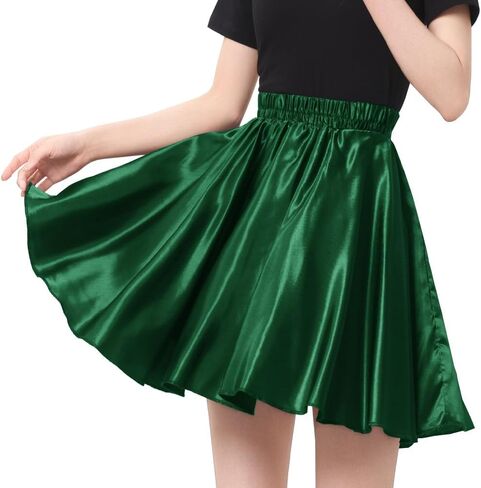 Women Big Girls Shiny Satin A-Line Flared Mini Skirt for Dance Performance Tennis Skater in Kuwait