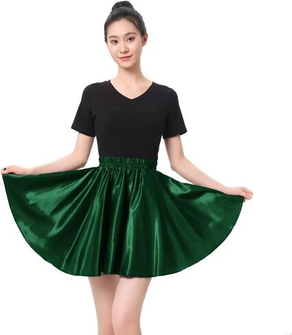 Women Big Girls Shiny Satin A-Line Flared Mini Skirt for Dance Performance Tennis Skater in Kuwait