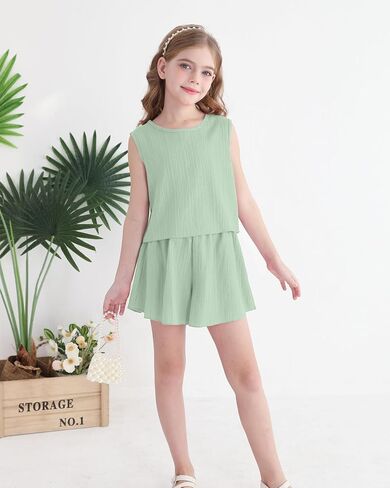 Cute Clothes for Girl Summer Outfits Kids Sleeveless Crop Tank Top Shorts Tween Girls Trendy Clothing Set Size 8-12 in Saudi Arabia