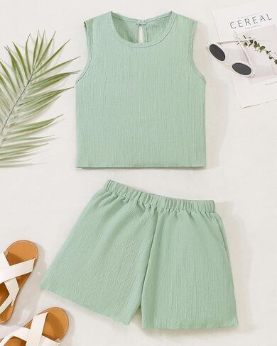 Cute Clothes for Girl Summer Outfits Kids Sleeveless Crop Tank Top Shorts Tween Girls Trendy Clothing Set Size 8-12 in Saudi Arabia