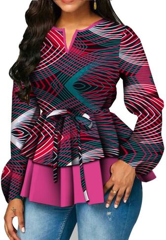 BAZINRICHE Women African Print Long Sleeves Top Shirt Dashiki V Collar Shirts Ankara Clothing with Belt in Kuwait