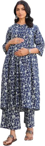 Janasya Indian Women's Maternity Kurta Kurti Set for Women Pure Cotton Indigo Floral Casual Calf Length Maternity Clothes in Saudi Arabia