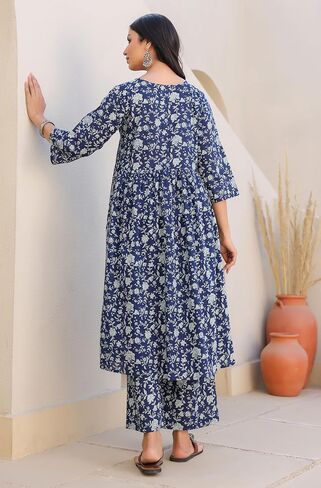 Janasya Indian Women's Maternity Kurta Kurti Set for Women Pure Cotton Indigo Floral Casual Calf Length Maternity Clothes in Saudi Arabia