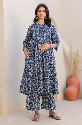 Janasya Indian Women's Maternity Kurta Kurti Set for Women Pure Cotton Indigo Floral Casual Calf Length Maternity Clothes in Saudi Arabia