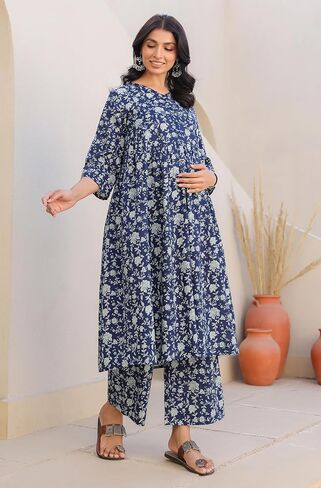 Janasya Indian Women's Maternity Kurta Kurti Set for Women Pure Cotton Indigo Floral Casual Calf Length Maternity Clothes in Saudi Arabia