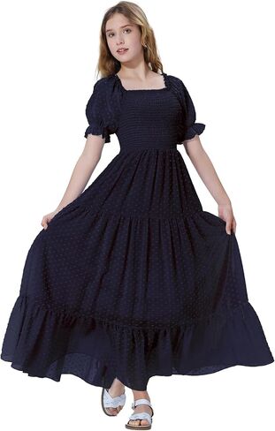 EXARUS Girls Maxi Long Smocked Dress Tween Swiss Dots Summer Square Neck Short Sleeve Casual A-line Dresses for 6-12Y in Saudi Arabia