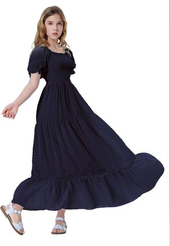 EXARUS Girls Maxi Long Smocked Dress Tween Swiss Dots Summer Square Neck Short Sleeve Casual A-line Dresses for 6-12Y in Saudi Arabia
