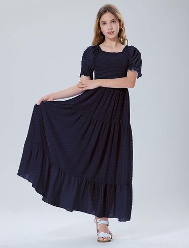 EXARUS Girls Maxi Long Smocked Dress Tween Swiss Dots Summer Square Neck Short Sleeve Casual A-line Dresses for 6-12Y in Saudi Arabia