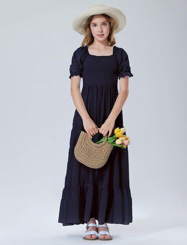EXARUS Girls Maxi Long Smocked Dress Tween Swiss Dots Summer Square Neck Short Sleeve Casual A-line Dresses for 6-12Y in Saudi Arabia