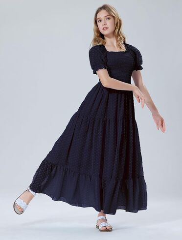 EXARUS Girls Maxi Long Smocked Dress Tween Swiss Dots Summer Square Neck Short Sleeve Casual A-line Dresses for 6-12Y in Saudi Arabia