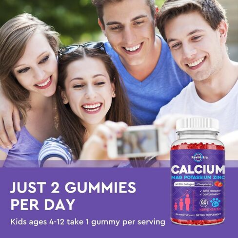Calcium Potassium Magnesium Gummies for Kids & Adults, with Hydrolyzed Collagen, Zinc, Phosphorus, Multivitamin for Sleep, Bone Strength, Density Support, Sugar Free,Raspberry 60 Gummies in Kuwait