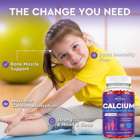 Calcium Potassium Magnesium Gummies for Kids & Adults, with Hydrolyzed Collagen, Zinc, Phosphorus, Multivitamin for Sleep, Bone Strength, Density Support, Sugar Free,Raspberry 60 Gummies in Kuwait