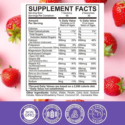 Calcium Potassium Magnesium Gummies for Kids & Adults, with Hydrolyzed Collagen, Zinc, Phosphorus, Multivitamin for Sleep, Bone Strength, Density Support, Sugar Free,Raspberry 60 Gummies in Kuwait