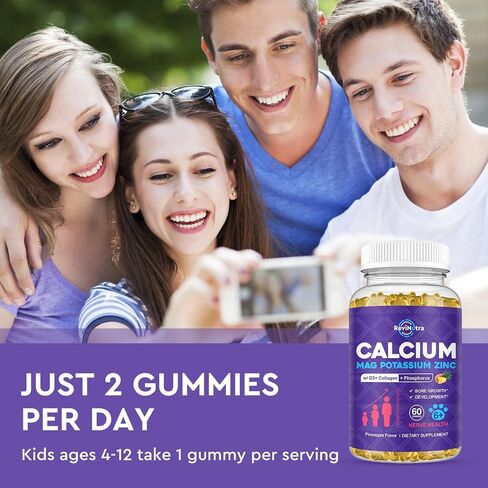 Calcium Potassium Magnesium Gummies for Kids & Adults, with Hydrolyzed Collagen, Zinc, Phosphorus, Multivitamin for Sleep, Bone Strength, Density Support, Sugar Free,Raspberry 60 Gummies in Kuwait