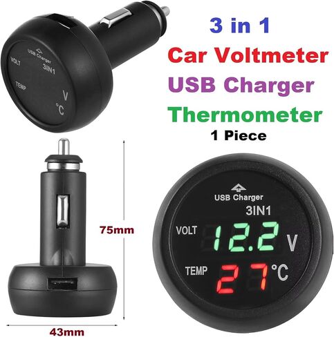 3 في 1 Car Voltmeter ، منفذ شاحن USB ومقياس الحرارة وبطارية السيارة متر ، لوحة عرض رقمية LCD لشاحنات حافلة 12V 24V شاحنات سجائر أخف وزنا (ضوء أحمر - قطعة واحدة) in Kuwait