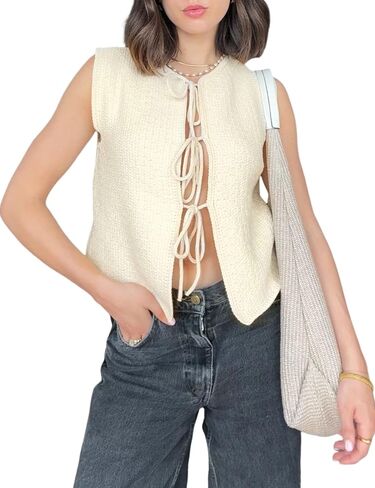 Women's Crochet Sweater Vest Summer Casual Sleeveless Crew Neck Tie Front Knit Vest Top Cardigan in Saudi Arabia