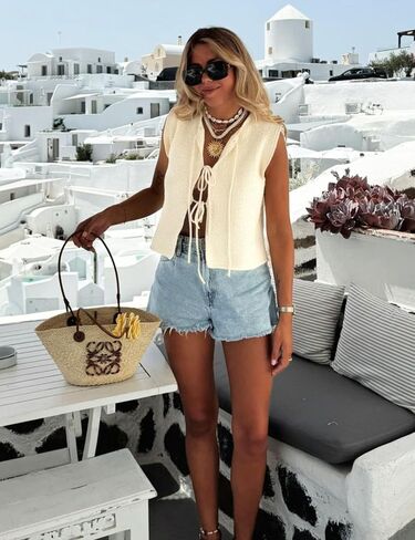 Women's Crochet Sweater Vest Summer Casual Sleeveless Crew Neck Tie Front Knit Vest Top Cardigan in Saudi Arabia