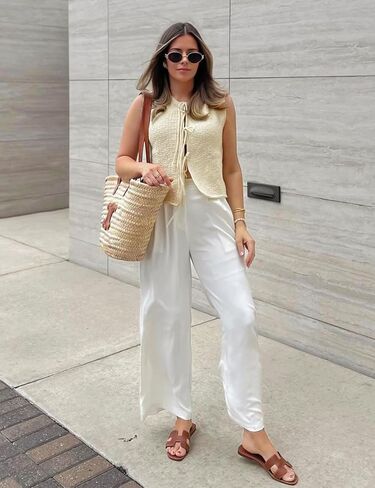 Women's Crochet Sweater Vest Summer Casual Sleeveless Crew Neck Tie Front Knit Vest Top Cardigan in Saudi Arabia