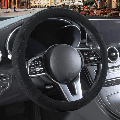 Black Suede Steering Wheel Cover, Breathable Non-Slip Sweat-Proof Wear-Resistant No Pilling, Warm in Winter and Cool in Summer, Universal 15 inch in Kuwait