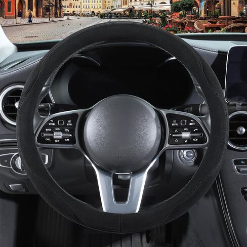 Black Suede Steering Wheel Cover, Breathable Non-Slip Sweat-Proof Wear-Resistant No Pilling, Warm in Winter and Cool in Summer, Universal 15 inch in Kuwait