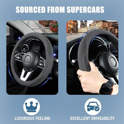 Black Suede Steering Wheel Cover, Breathable Non-Slip Sweat-Proof Wear-Resistant No Pilling, Warm in Winter and Cool in Summer, Universal 15 inch in Kuwait