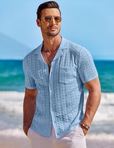 COOFANDY Men's Knit Button Down Shirt Short Sleeve Vintage Polo Shirts Summer Casual Beach Tops in Kuwait