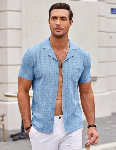 COOFANDY Men's Knit Button Down Shirt Short Sleeve Vintage Polo Shirts Summer Casual Beach Tops in Kuwait