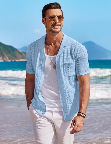 COOFANDY Men's Knit Button Down Shirt Short Sleeve Vintage Polo Shirts Summer Casual Beach Tops in Kuwait