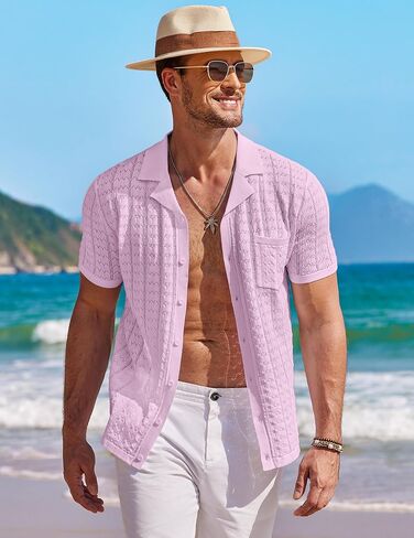 COOFANDY Men's Knit Button Down Shirt Short Sleeve Vintage Polo Shirts Summer Casual Beach Tops in Kuwait