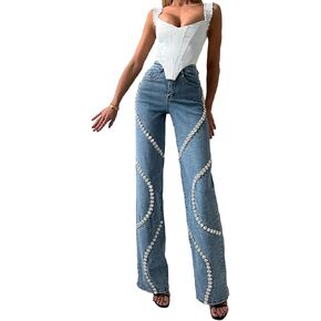 Unybwonn Women High Waist Jeans Rhinestone Trim Bling Baggy Denim Pants Y2k Straight Wide Leg Trousers Streetwear