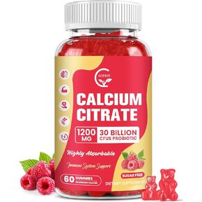Calcium Citrate Gummies, Calcium 1200 mg with Vitamin d3, K2, Magnesium, Zinc for Bone, Muscle & Immune Support, High Absorption Calcium Supplement for Women & Men, Raspberry Flavor, 60 Chews