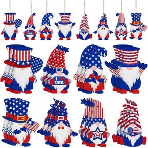 Jetec 24 Pcs 4th of July Hanging Decorations Independence Day Gnome Ornaments Patriotic Tree Decor Wooden Gnome Red White and Blue Ornaments for Independence Memorial Day Party