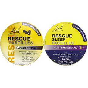 Bach RESCUE Black Currant PASTILLES, Day & Night Pack with No Melatonin Lozenges, Homeopathic, Flower Essences, 2 Pack