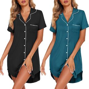 Ekouaer 2 Pack Nightgowns for Women Button Down Sleepshirts Short Sleeve Sleepwear V Neck Nightshirt Pajama Dress
